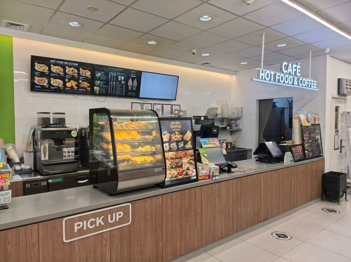 连锁便利店热食柜台与咖啡场景